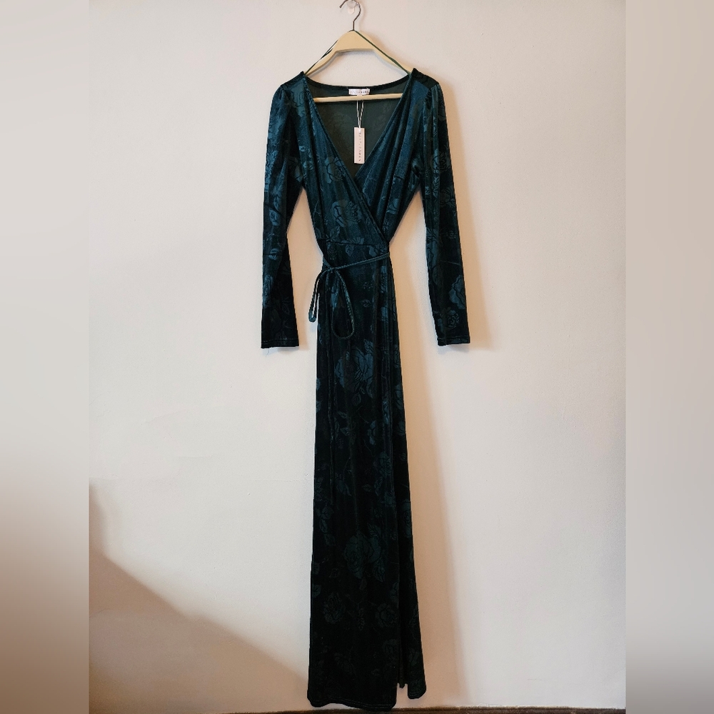 XL Baltic Born Dark Green Long Sleeve maxi, wrap velvet dress